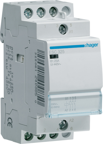 Hager ESC325. Kontakt Strombelastbarkeit: 25 A, Kabelquerschnitt: 1/6 mm², Temperaturbereich in Betrieb: -10 - 50 °C. AC Eingangsspannung: 230 V, AC Eingangsfrequenz: 50 Hz (ESC325)