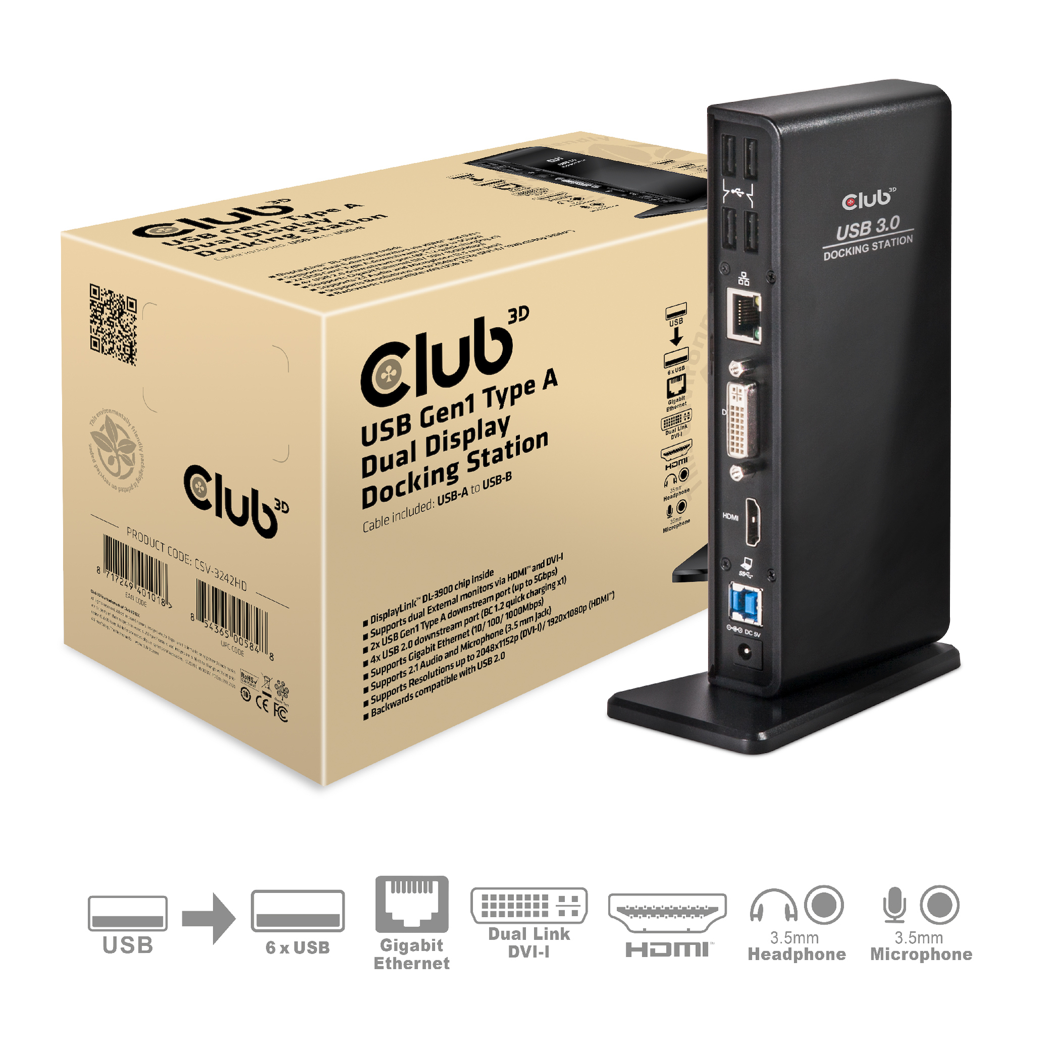 Club 3D SenseVision USB 3.0 Dual Display Docking Station Schwarz