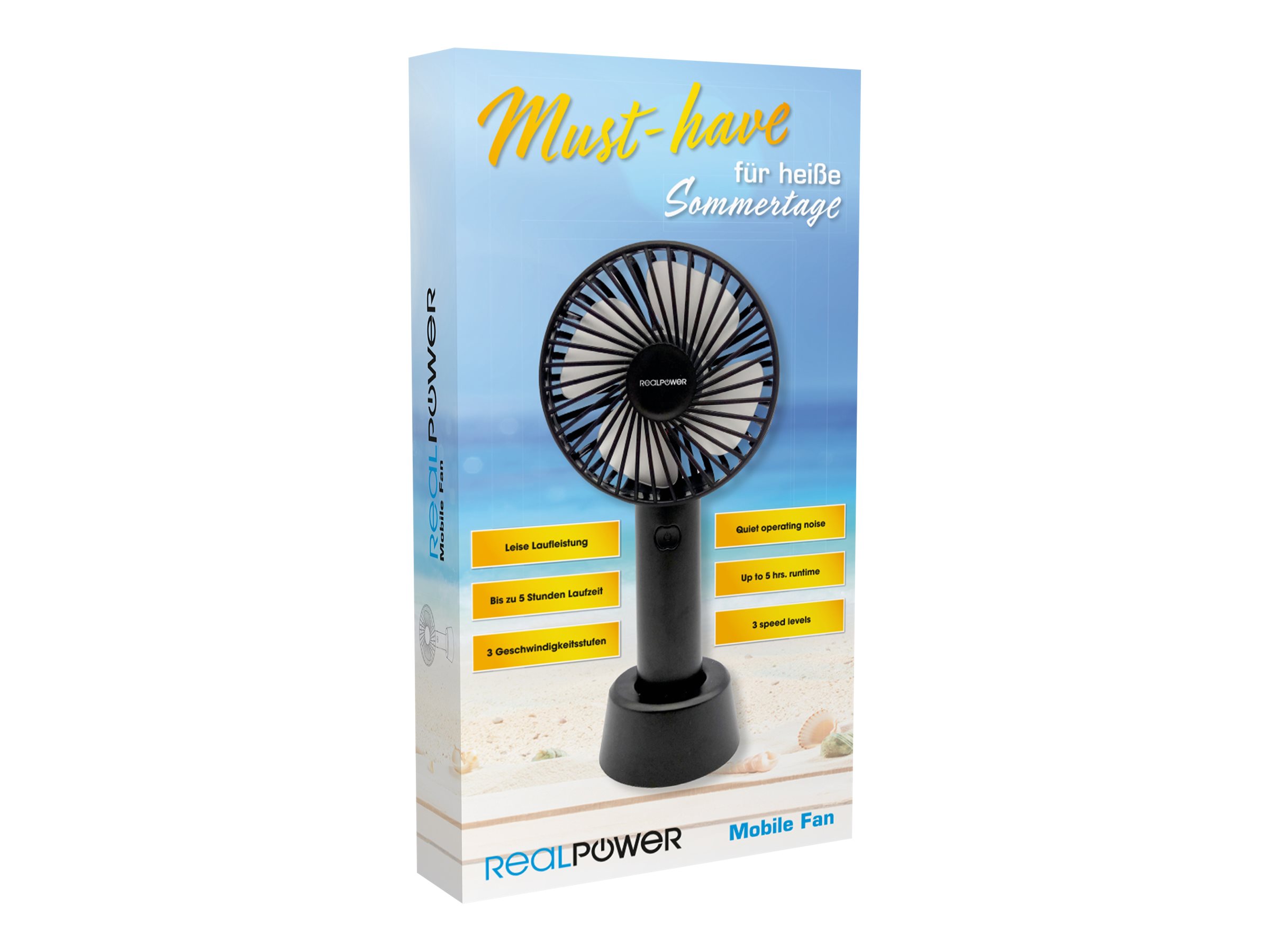 RealPower Mobile Fan Ventilator tragbar USB 1200 mAh Akku 3 Stufen Schwarz