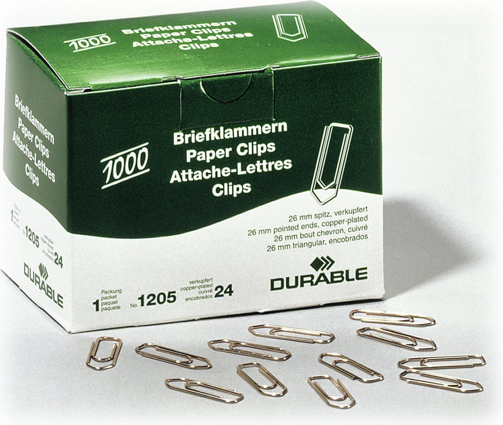 DURABLE Büroklammern, verkupfert, 26 mm Inhalt: 1.000 Stück in Faltschachtel (1205-24)