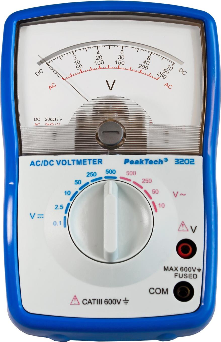 PeakTech P 3202. Breite: 100 mm, Tiefe: 45 mm, Höhe: 155 mm. Energiequelle: Batterie/Akku, Akku-/Batterietyp: AA, Batteriespannung: 1,5 V. Anzeige: Analog (P 3202)