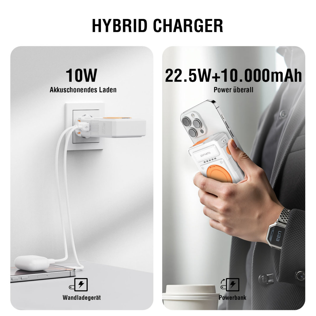 4smarts 6in1 Hybrid Charger Powerbank 10000 mAh Orange, Weiß