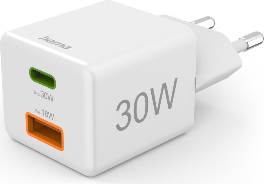 Hama Schnellladegerät, 1x USB-C, 1x USB-A, Mini-Ladegerät, PD, 30 W, Weiß (00139549)