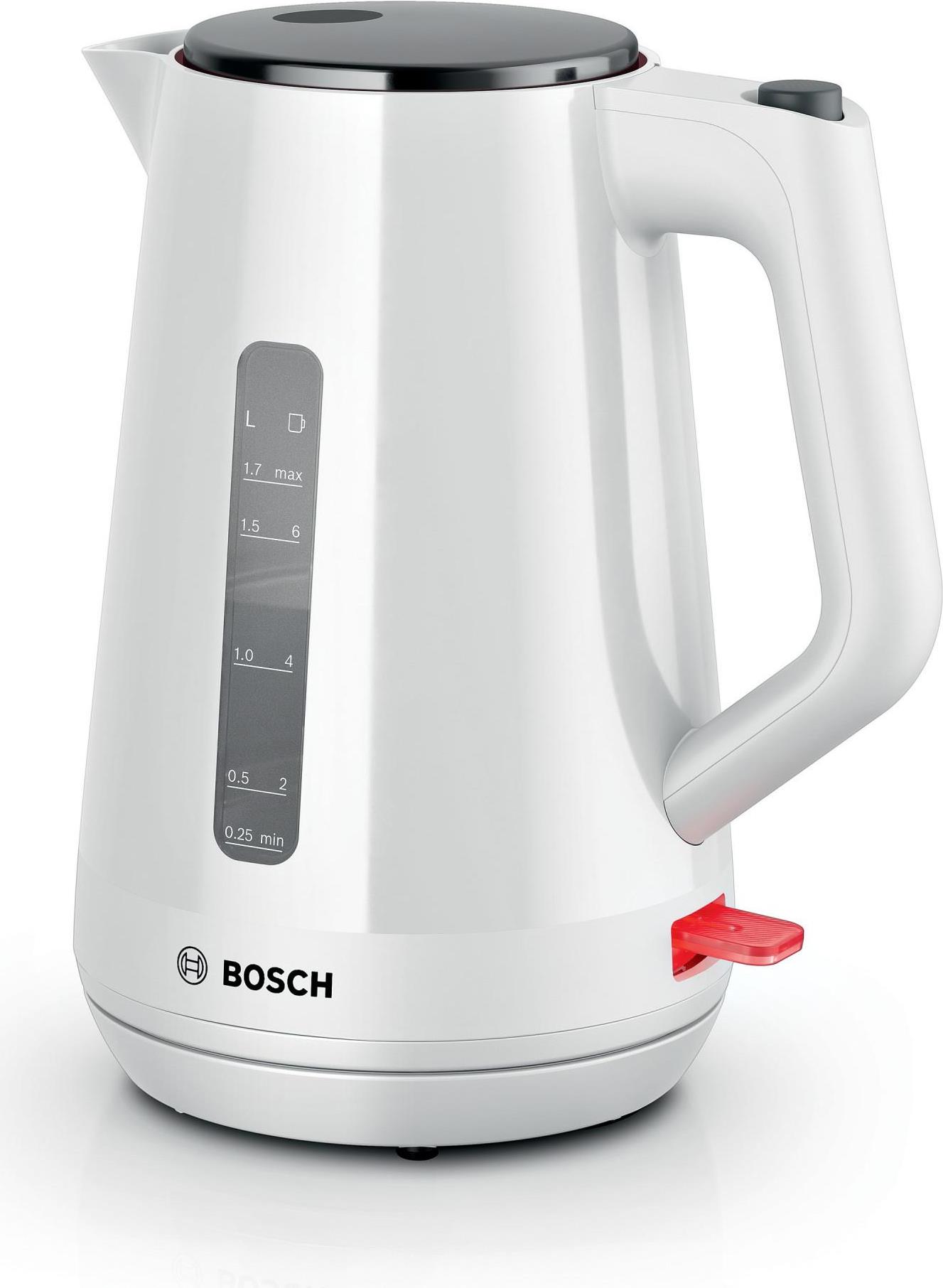 Bosch TWK1M121. Fassungsvermögen Wassertank: 1,7 l. Leistung: 2400 W. Produktfarbe: Weiß, Gehäusematerial: Kunststoff, Wasserstandsanzeige, Überhitzungsschutz, Filterung (TWK1M121)