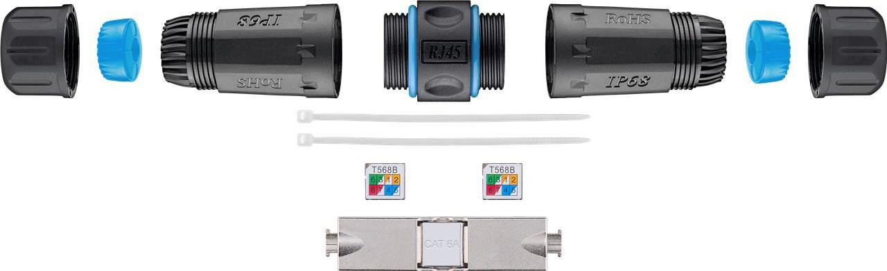 Goobay Outdoor (IP68) Netzwerkkabel-Verbinder, CAT 6A STP geschirmt, STP - staub- und wasserdicht, Klemmleiste für LSA Montage (werkzeugfrei) (44414)