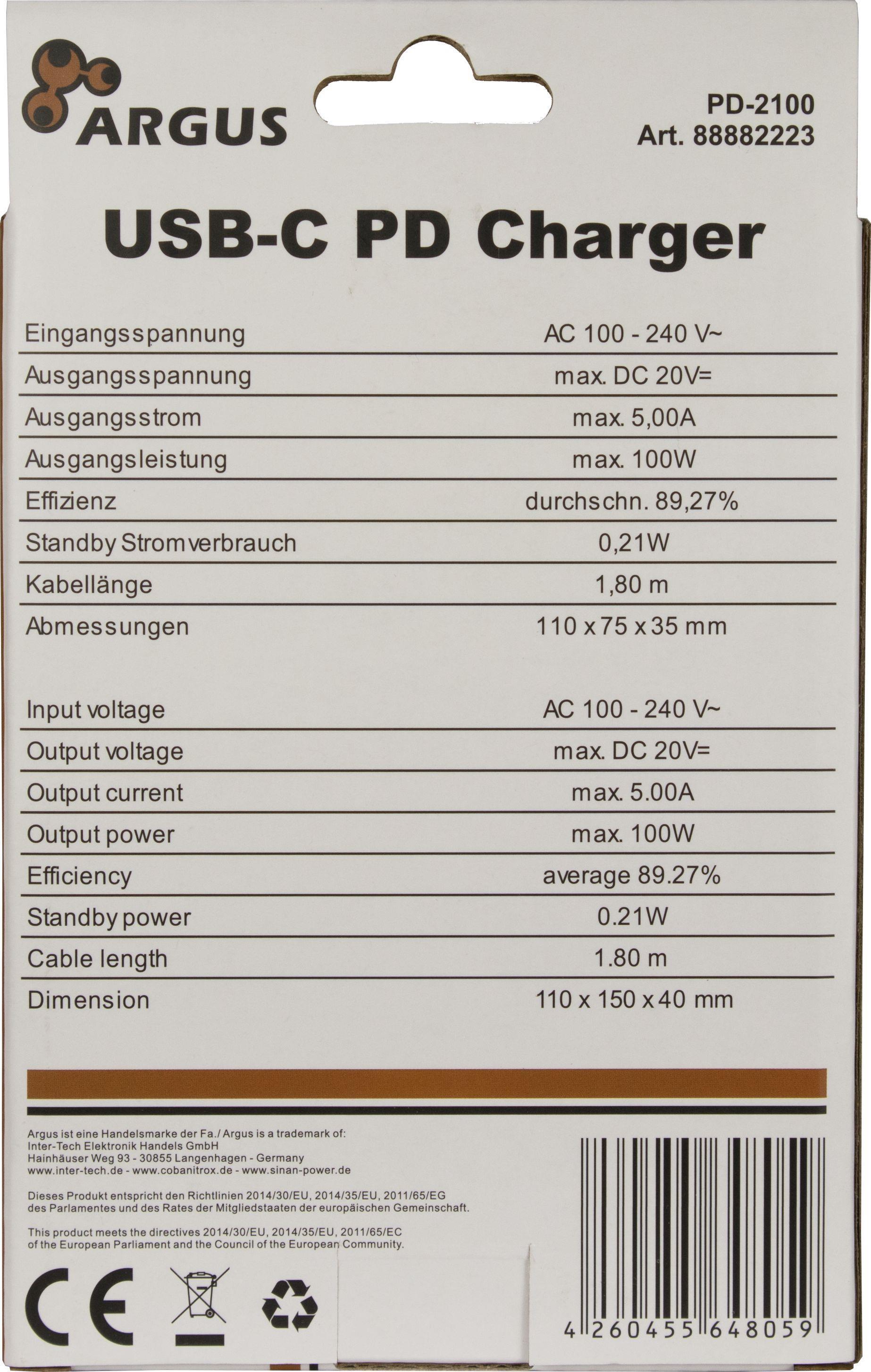 Argus PD-2100 USB Typ-C PD Ladegerät 100W PD-Charging können mit 5/9/12/15/20V max. 100W geladen werden, Kabellänge 1.8m, Abmessungen: 110 x 75 x 35 mm (88882223)