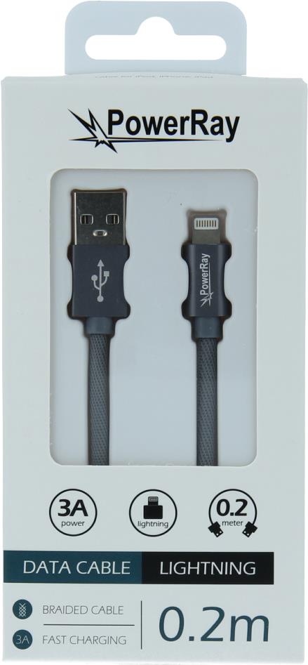 PowerRay Data Cable PR-DCUL020TGY, USB / LIGHTNING, 0.2 m, Textile grey, Blister (PR-DCUL020TGY)