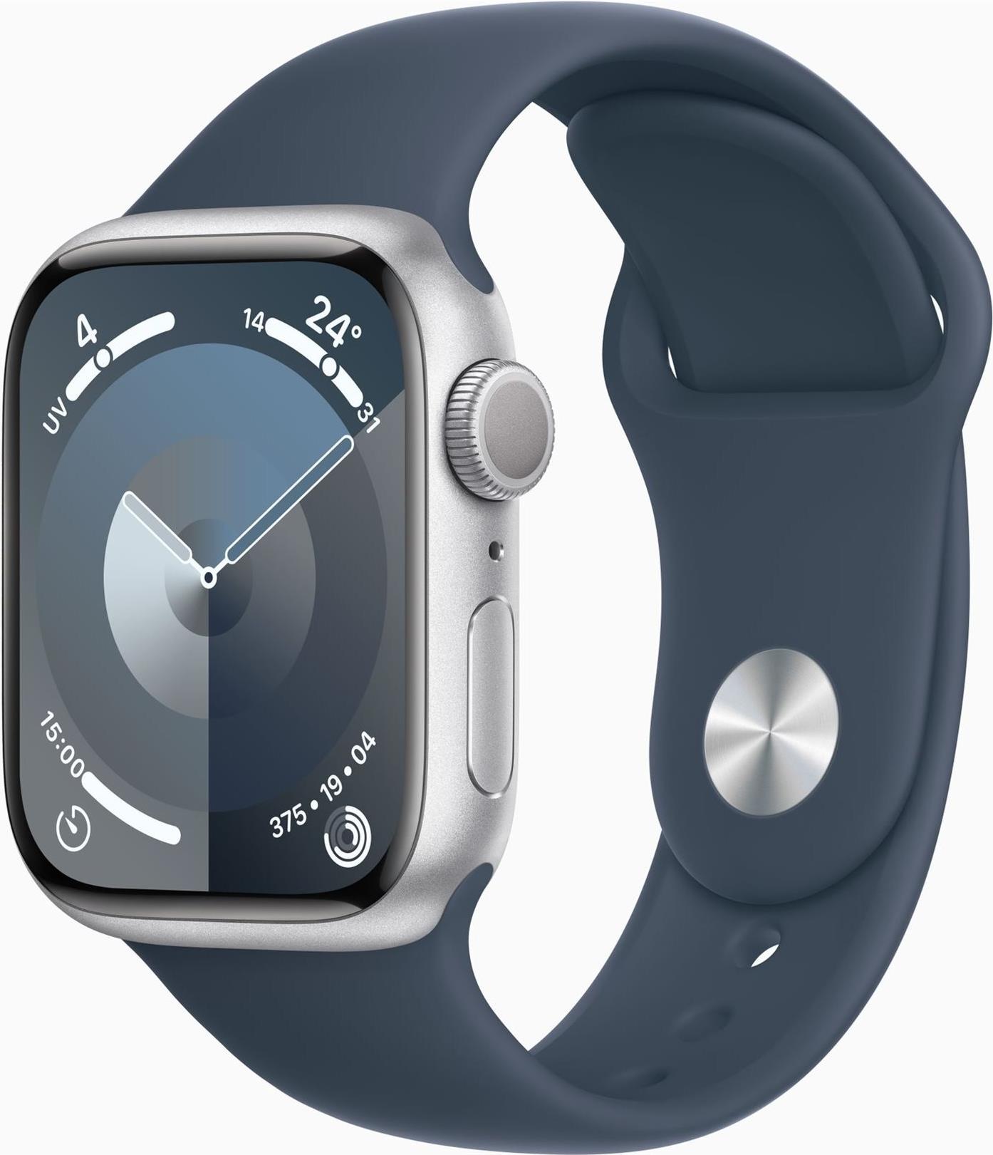 APPLE Watch Series 9 GPS 41mm Silver Aluminium Case with Storm Blue Sport Band MR903QF A