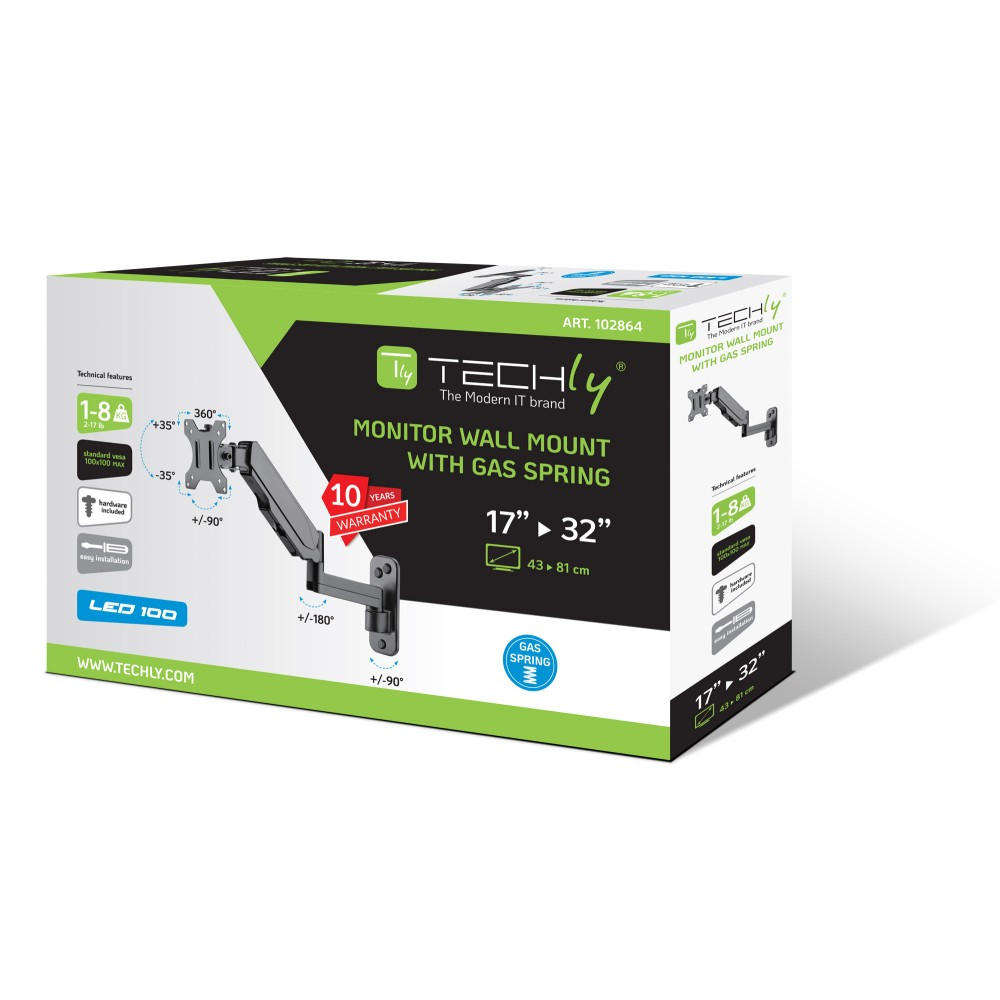 Techly ICA-LCD-G112 Wandhalterung 17"-32" Vollbeweglich mit Gasfeder Schwarz