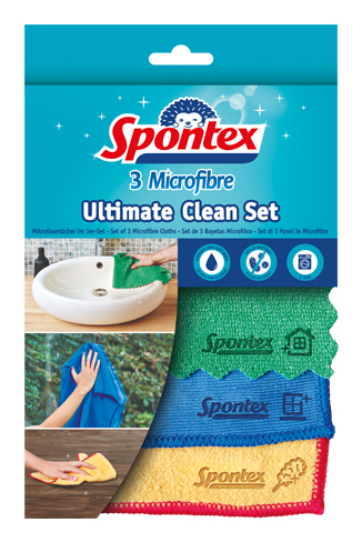 Spontex Ultimate Clean Mikrofasertücher 3er-Set, maschinenwaschbar 40 °C, Blau/Grün/Gelb