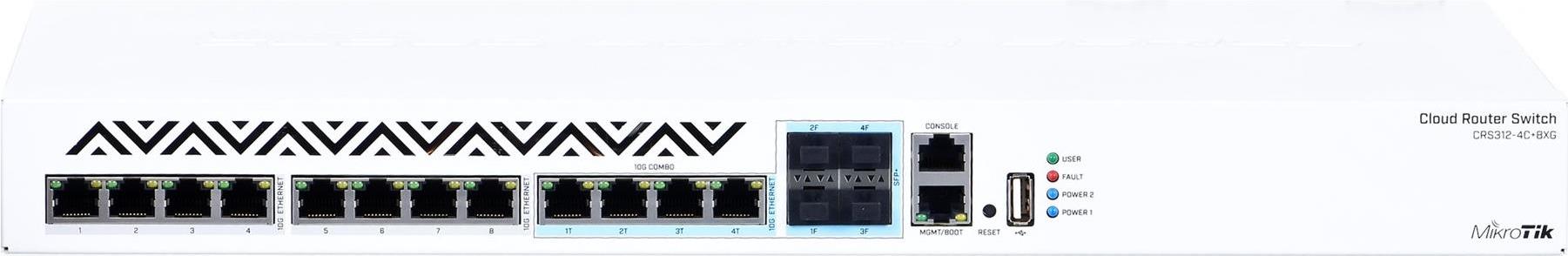 Mikrotik CRS312-4C+8XG-RM. Switch-Ebene: L3. Basic Switching RJ-45 Ethernet Ports-Typ: 10G Ethernet (100/1000/10000), Anzahl der basisschaltenden RJ-45 Ethernet Ports: 8, Anzahl USB 2.0 Anschlüsse: 1, Konsolen-Port: RJ-45. Routing-/Switching-Kapazität: 240 Gbit/s. Netzstecker: AC-in jack. Rack-Einbau, Formfaktor: 1U (CRS312-4C+8XG-RM)