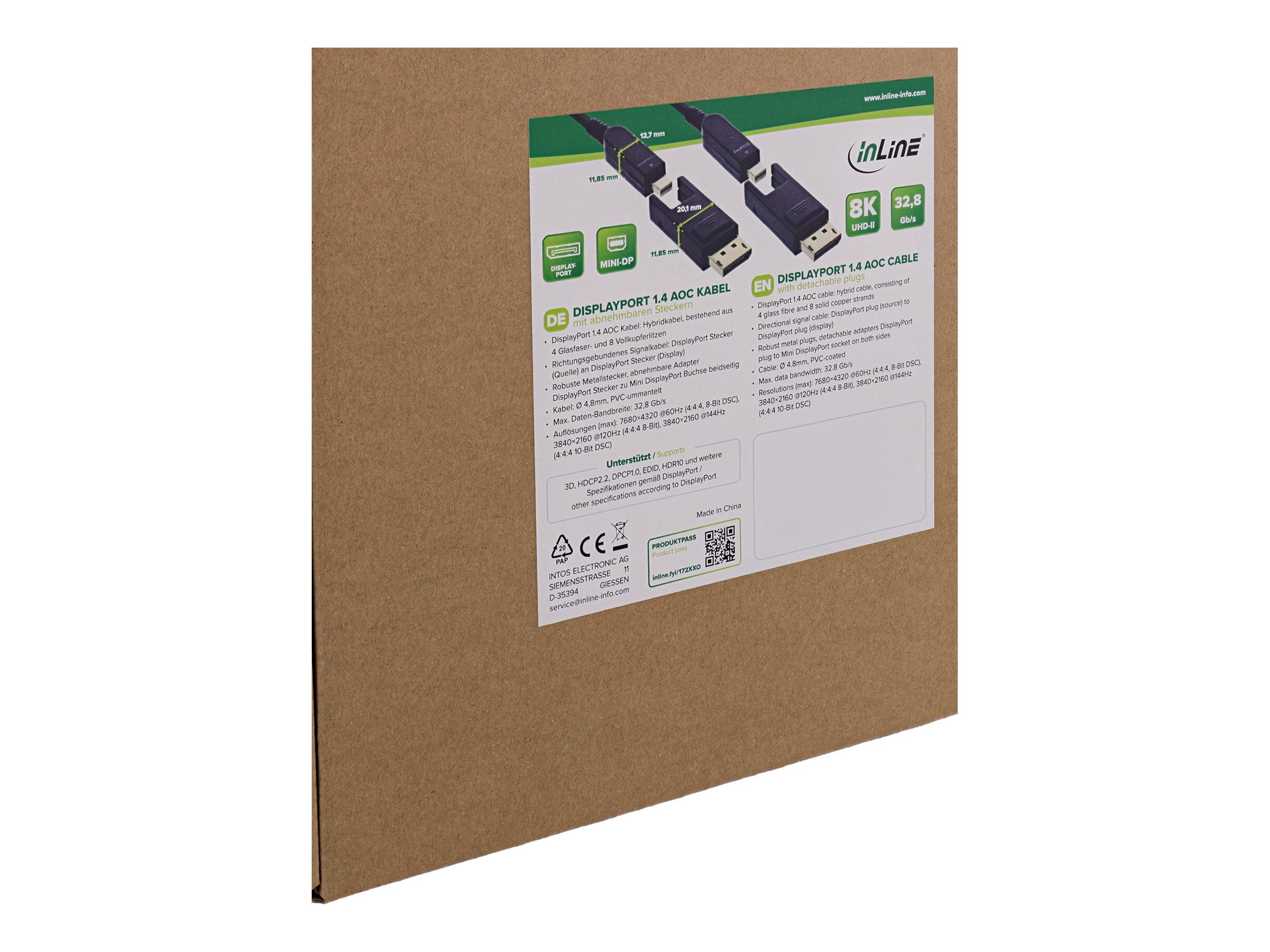 InLine DisplayPort 1.4 AOC Kabel 8K@60Hz 15 m abnehmbarer DisplayPort Stecker Schwarz