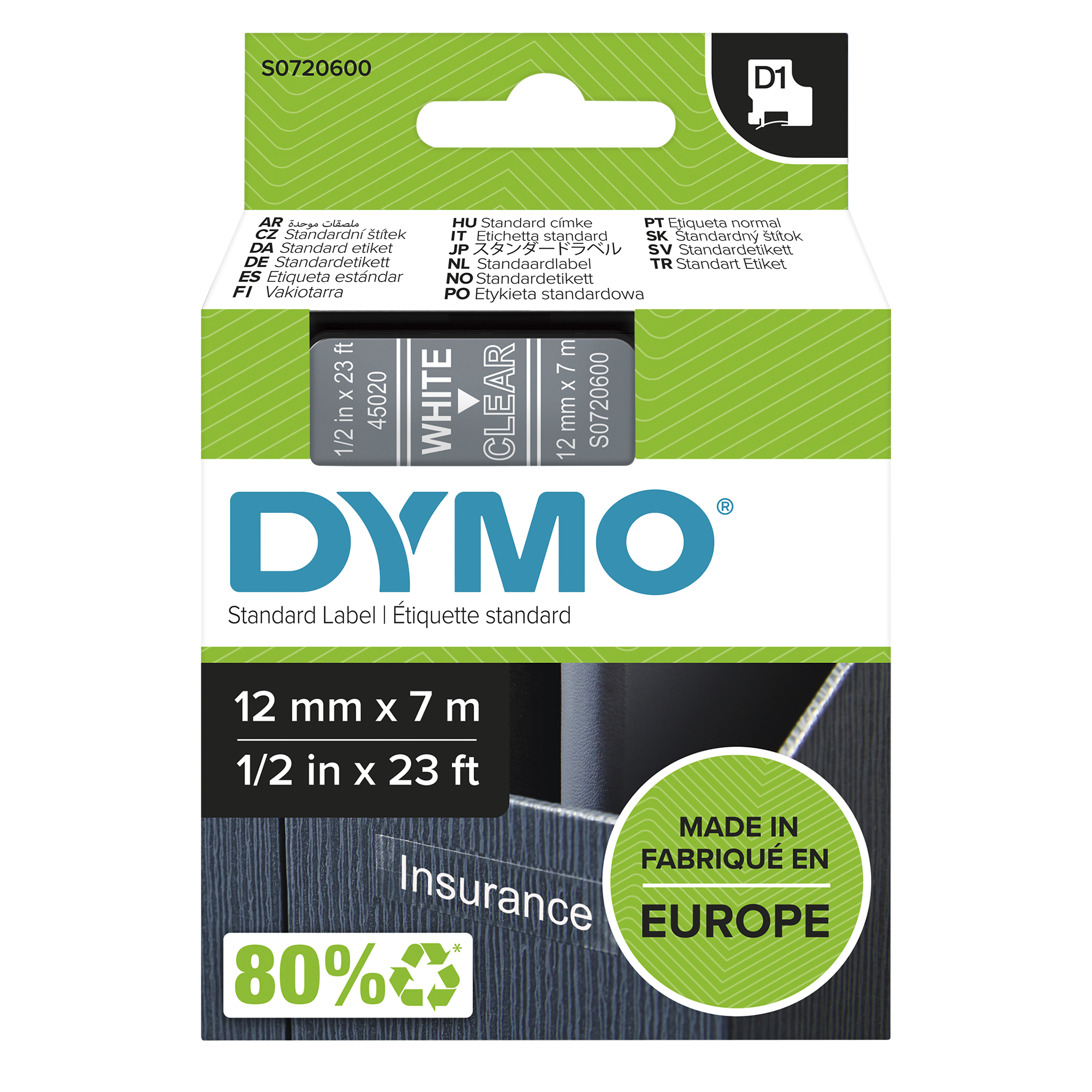 DYMO D1 Etikettenband weiß auf transparent 12 mm 7 m
