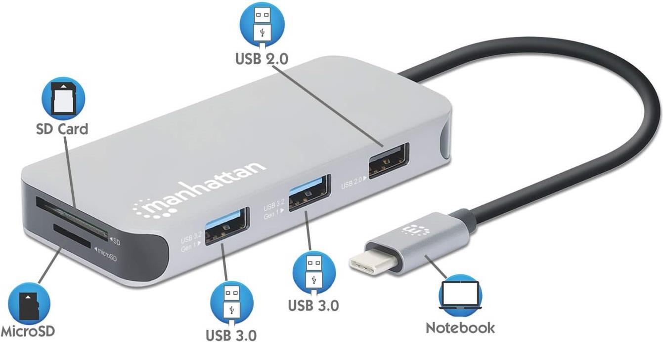 Manhattan USB-C 8-in-1 Dockingstation HDMI 4K USB 3.2 Gen 1 Space Grau