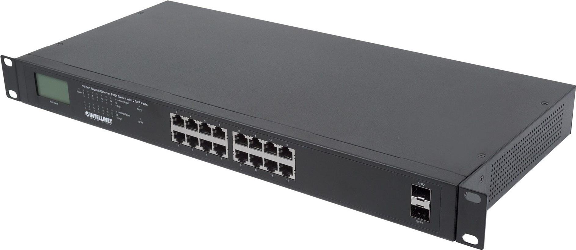 Intellinet 16-Port Gigabit Ethernet PoE+ Switch mit 2 SFP Ports LCD Display Schwarz