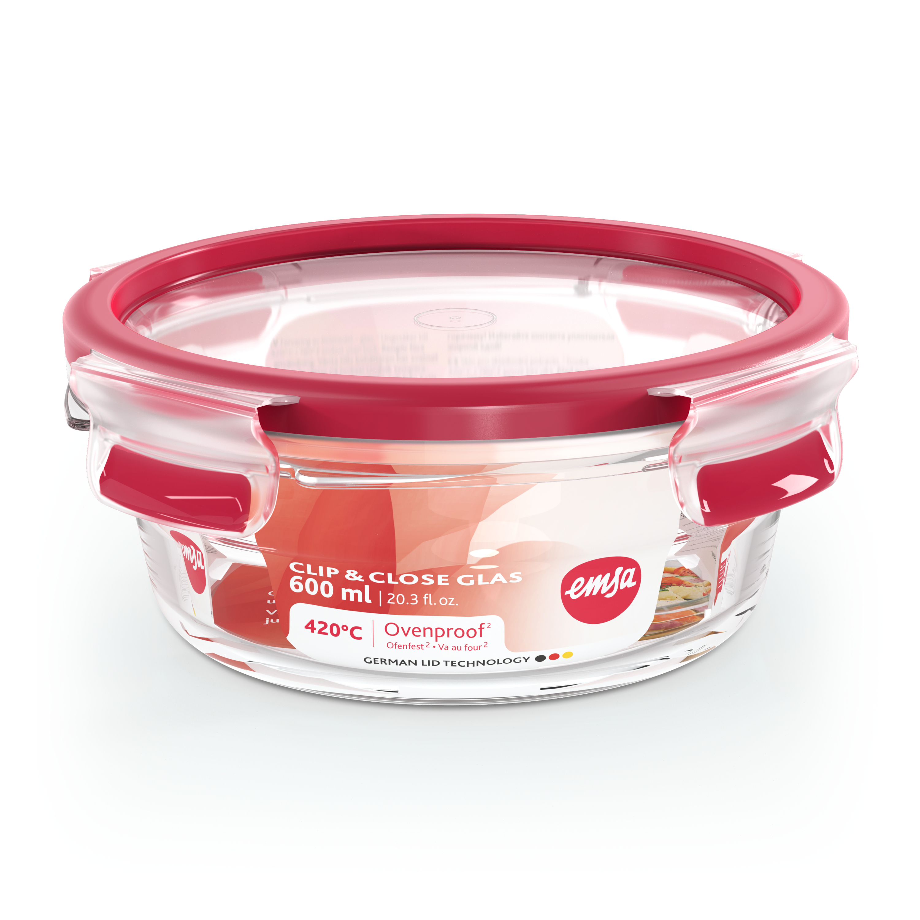 EMSA CLIP & CLOSE Glas Box Rund 0,6 l Transparent Rot