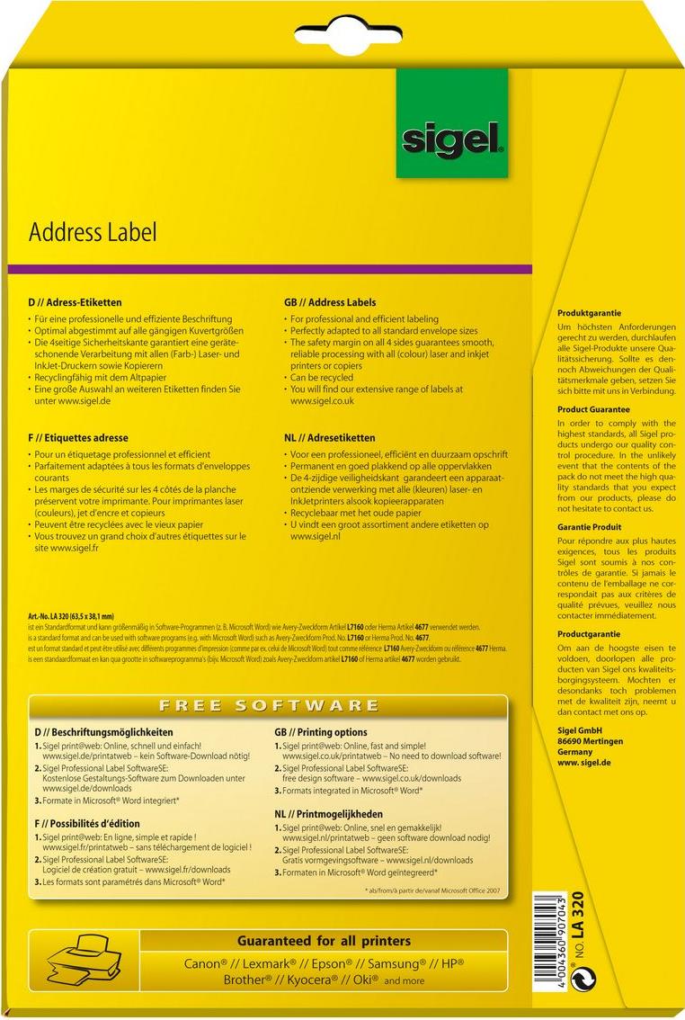 Sigel LA320 Weiß Nicht klebendes Druckeretikett Druckeretikett (LA320)