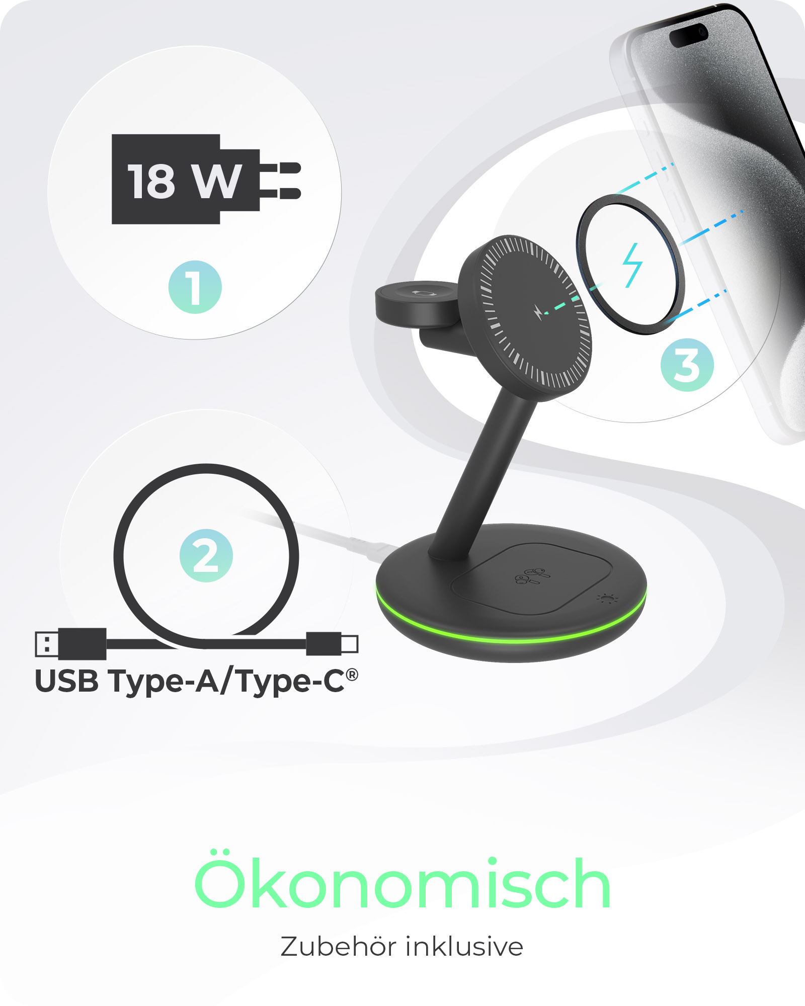 ICY BOX IB-SH102-CH Kabelloses 3-in-1 Ladegerät Schwarz