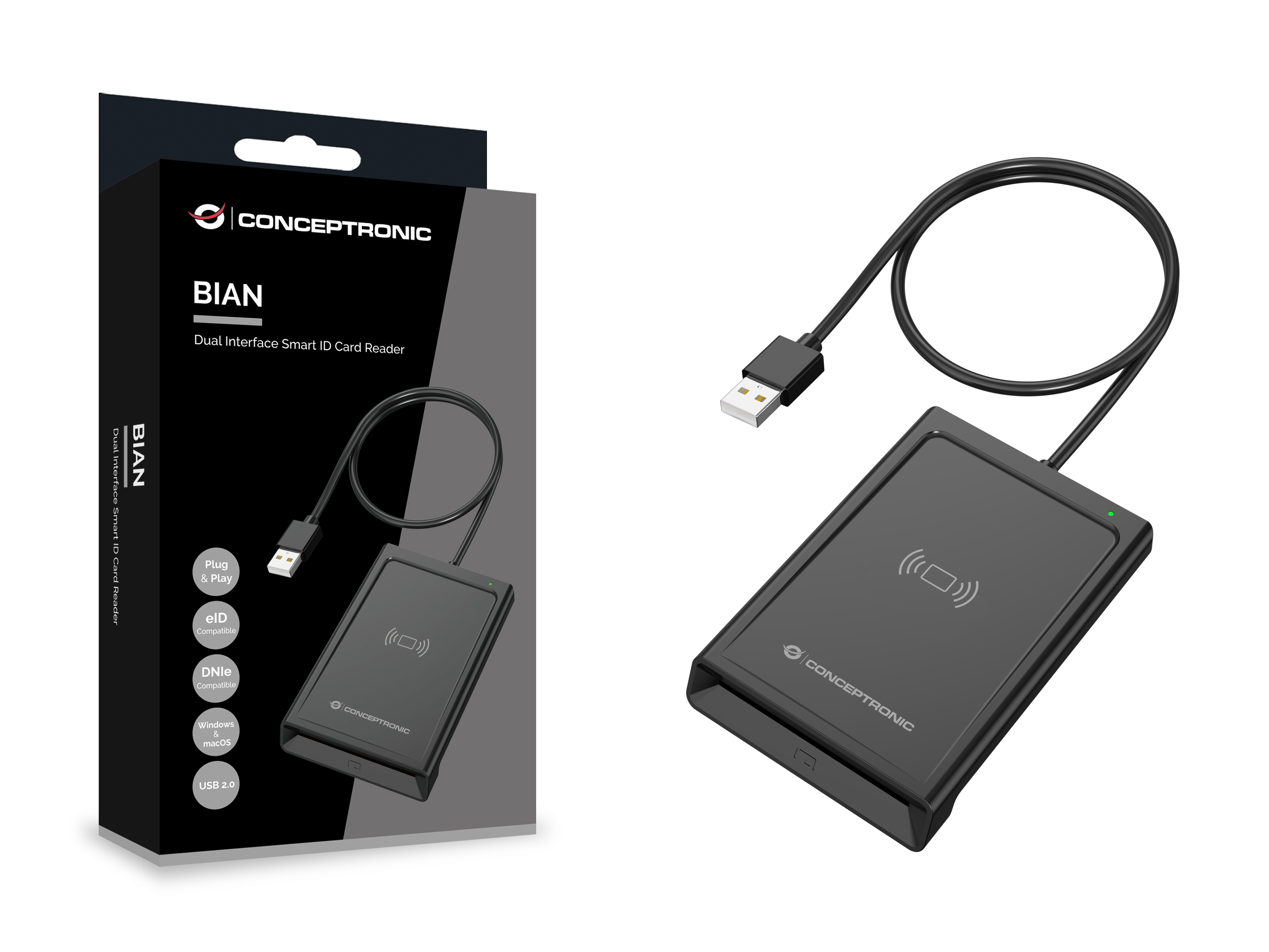 Conceptronic BIAN11B Smart-ID-Kartenleser Dual Interface USB 2.0 NFC Schwarz