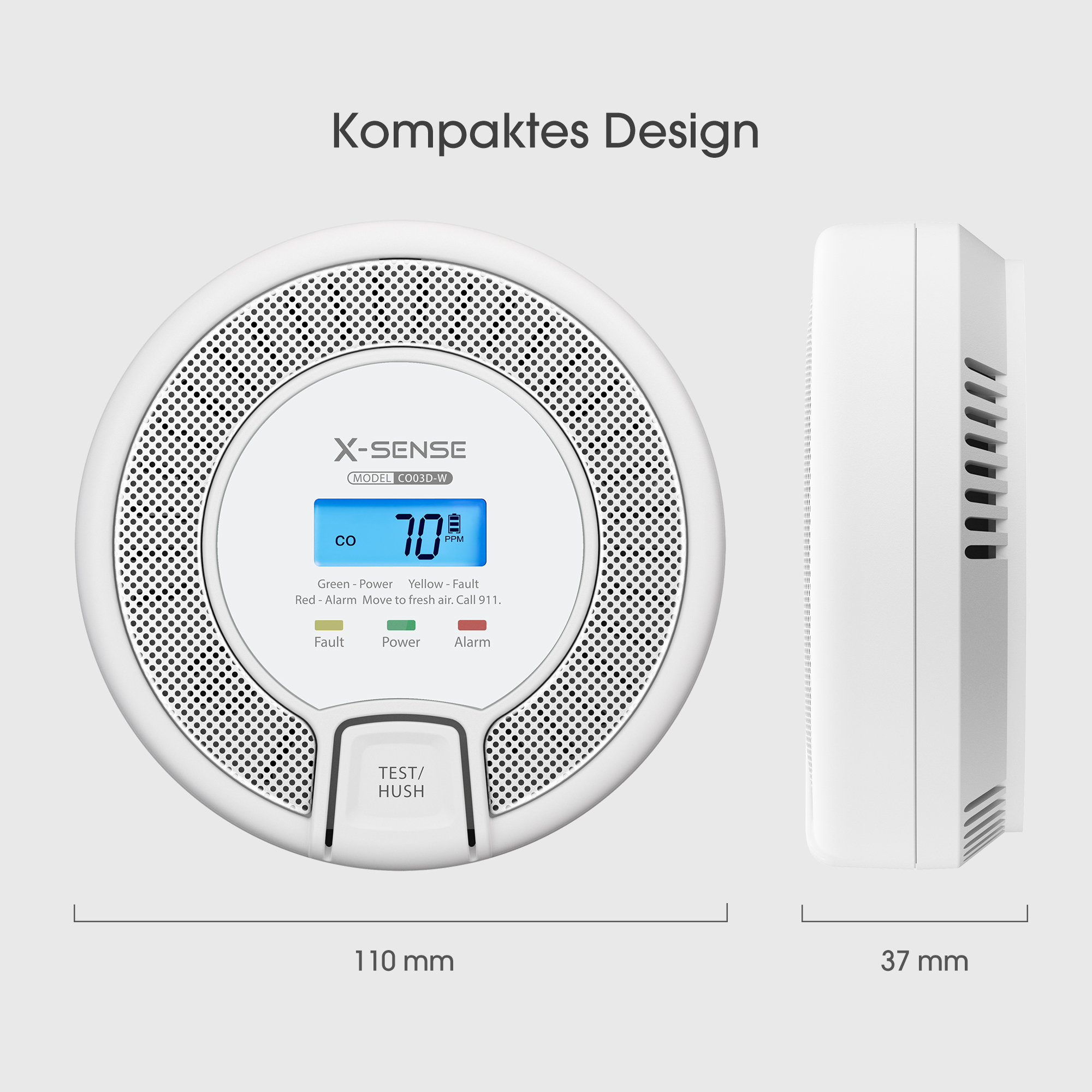 X-Sense CO03D-W Funkvernetzter Kohlenstoffmonoxid-Melder Weiß/Grau