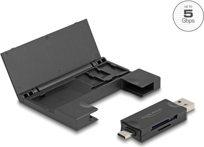 Delock Card Reader USB 5 Gbps USB Type-C™ / Typ-A für SD und Micro SD Speicherkarten mit praktischem Speicherkarten Etui - schwarz (91014)