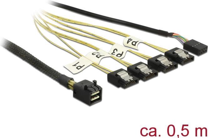 Mini SAS HD SFF-8643 an 4x SATA 7 Pin Reverse + Sideband, 0,5m, Delock® [83320] (83320)