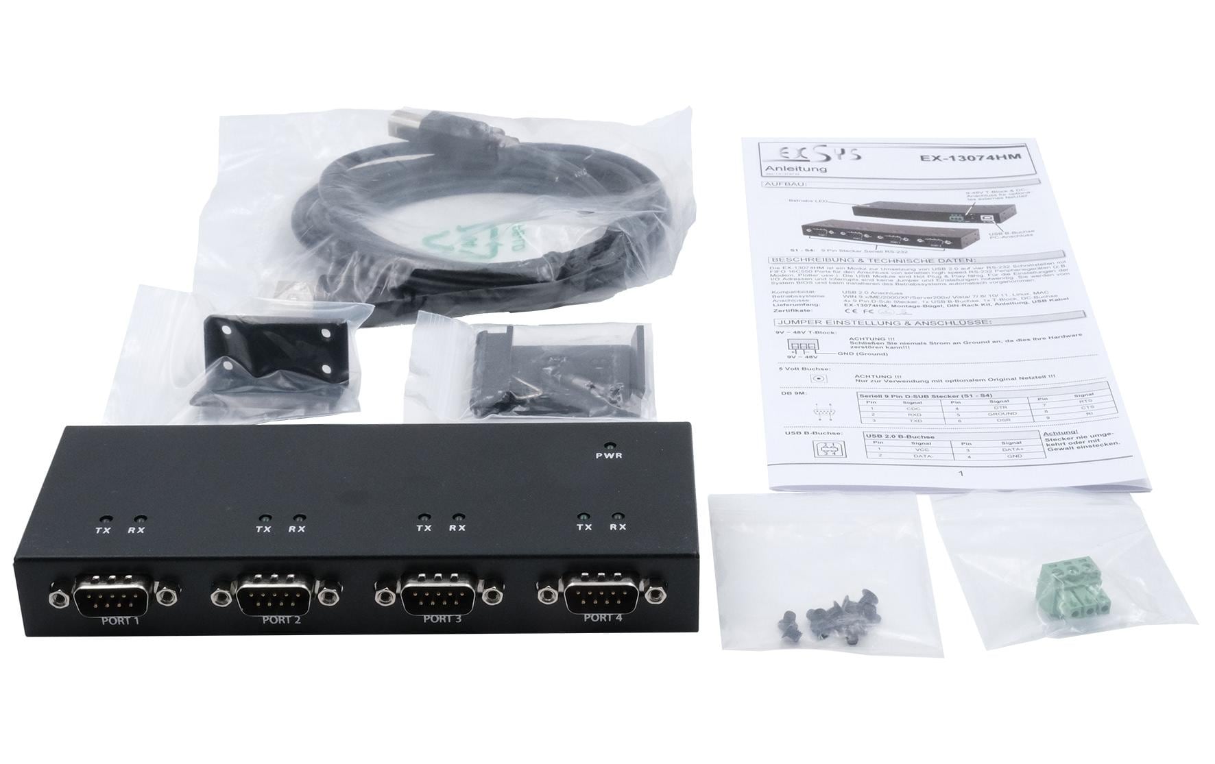 Exsys EX-13074HM USB 2.0 zu 4x RS-232 Serieller Adapter Low-Profile Metallgehäuse