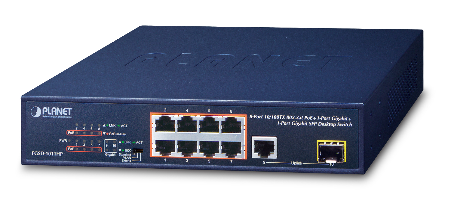 Planet FGSD-1011HP Unmanaged Switch 8x 10/100 PoE+ 1x Gigabit Uplink 1x SFP Schwarz