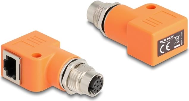 Delock M12 Adapter A-kodiert 8 Pin Buchse zu RJ45 Buchse Cat.5e mit Befestigungsloch 90° gewinkelt orange (60668)