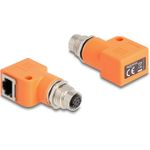 Delock M12 Adapter A-kodiert 8 Pin Buchse zu RJ45 Buchse Cat.5e mit Befestigungsloch 90° gewinkelt orange (60668)