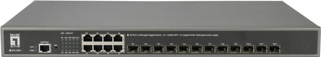 GTL-2091 20-Port L3 Managed Gigabit Switch, 12 x 10GbE SFP+, 8 x Gigabit  RJ45, Redundant power supply - LevelOne