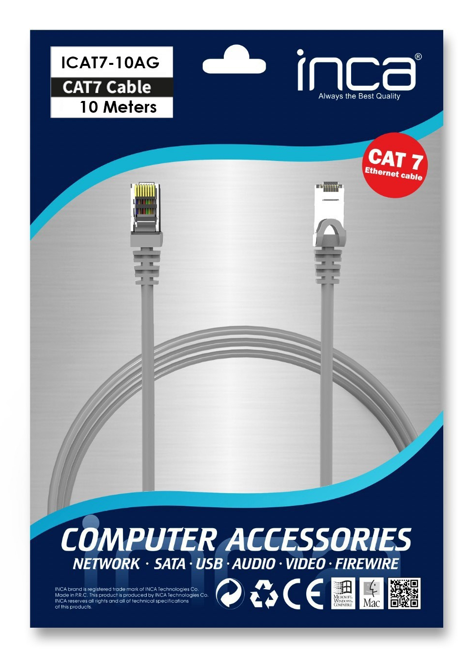 INCA Ethernetkabel Cat7 S/FTP 10 m 10 Gbit/s 600 MHz 23 AWG Grau