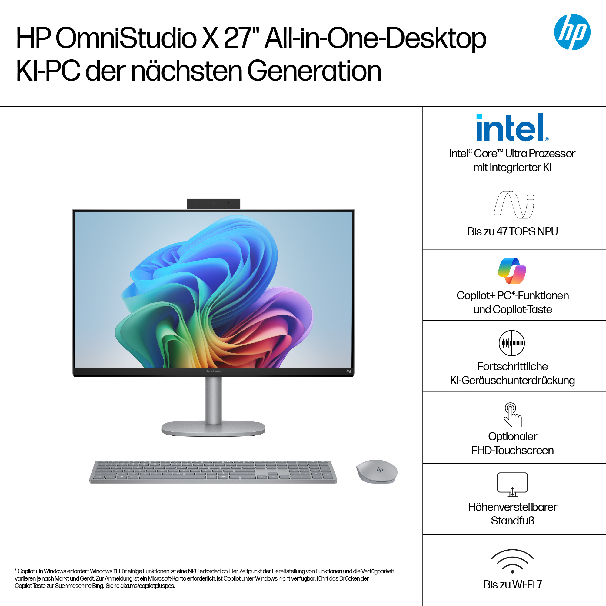 HP OmniStudio X 27-cs1173ng All-in-One PC 27" 4K-UHD Intel Core Ultra 7 256V 16 GB RAM 1 TB SSD Silber