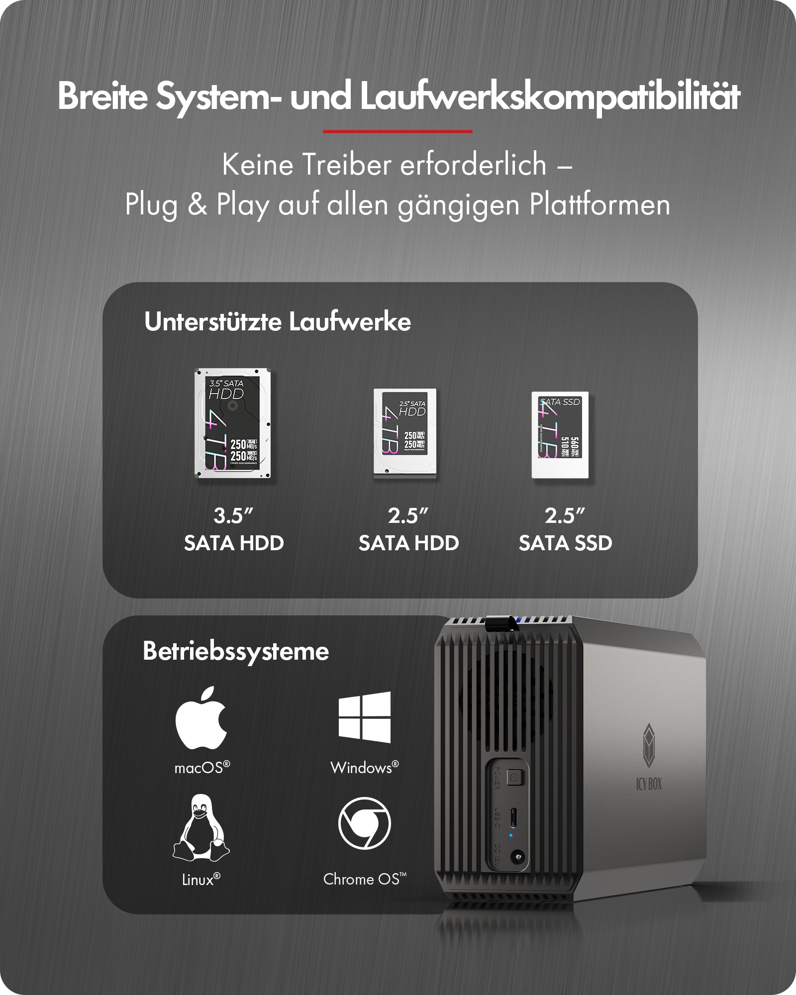 ICY BOX IB-RD3720-CU3 2-Bay RAID Gehäuse 2,5"/3,5" SATA USB 3.2 Gen 2 Schwarz