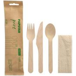 PAPSTAR Besteck-Set "pure", aus Birkenholz, 4-teilig Set bestehend aus Gabel, Messer, Löffel & Serviette, - 1 Stück (88954)