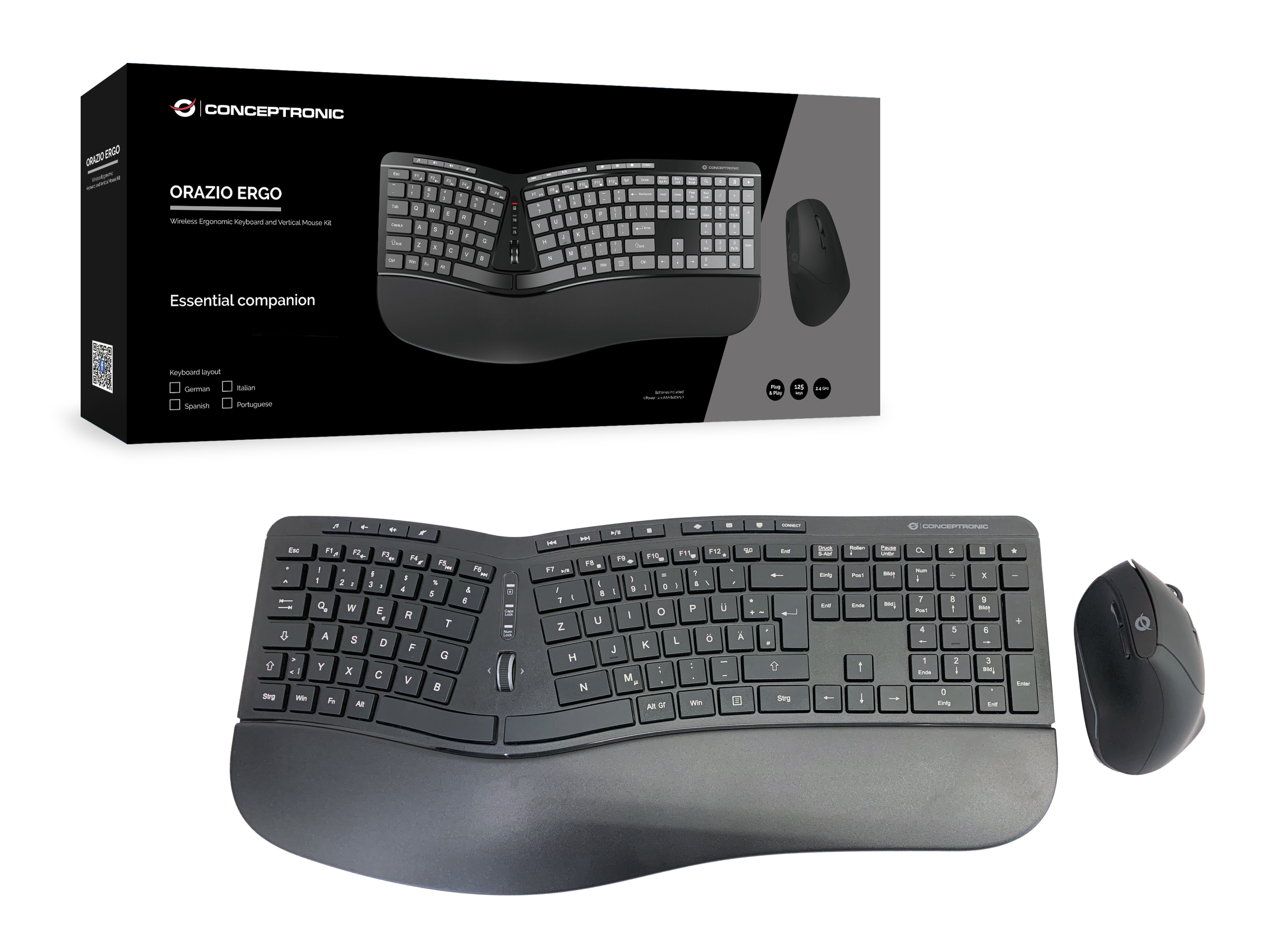 Conceptronic ORAZIO ERGO Kabelloses Set Ergonomische Tastatur & Vertikale Maus QWERTZ Schwarz