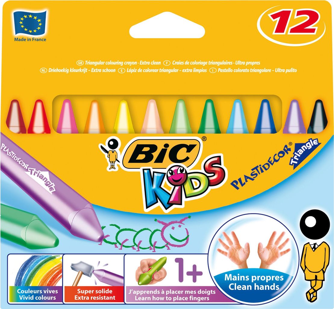 BIC Kids Plastidecor Wachsmalkreide Triangle 12er Kartonetui Mehrfarbig
