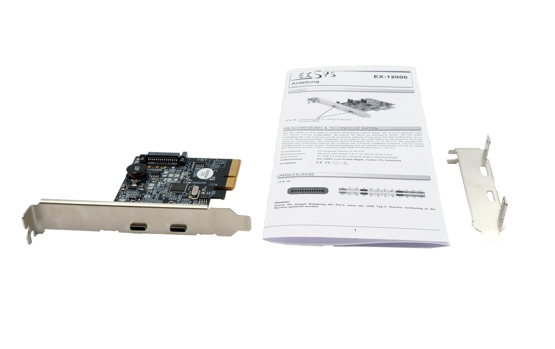 Exsys EX-12000 PCIe Schnittstellenkarte 2x USB 3.2 Gen 2 Typ-C 10 Gbps