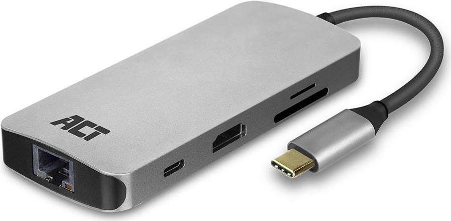 ACT USB-C 4K Multiport Dock with HDMI, 2x USB-A, Gigabit Ethernet, Card reader and USB-C with PD Pass-Through 60W, cable length 0.15m, aluminium housing USB-C-HDMI/LAN/2XUSB-A/PD/CARD (AC7041)