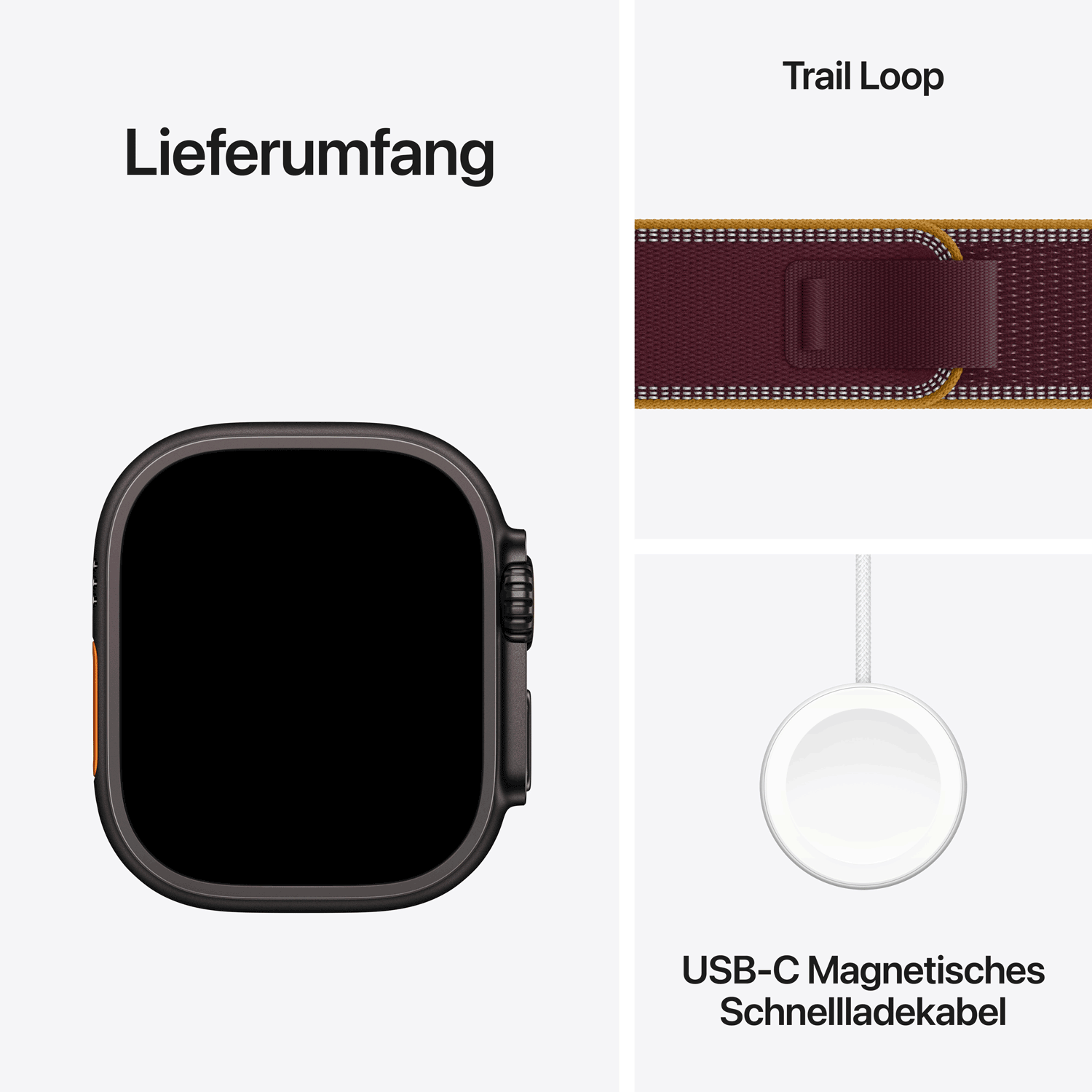 Apple Watch Ultra 4 GPS + Cellular 49mm Titangehäuse Schwarz mit Trail Loop Burgunder - S/M