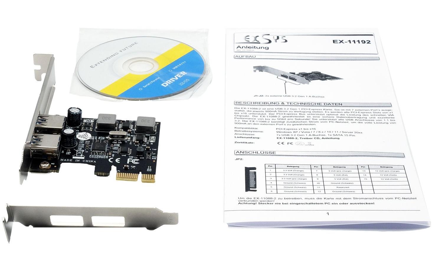 Exsys EX-11192 USB 3.2 Gen 1 PCIe Karte mit 2 Ports (Renesas)