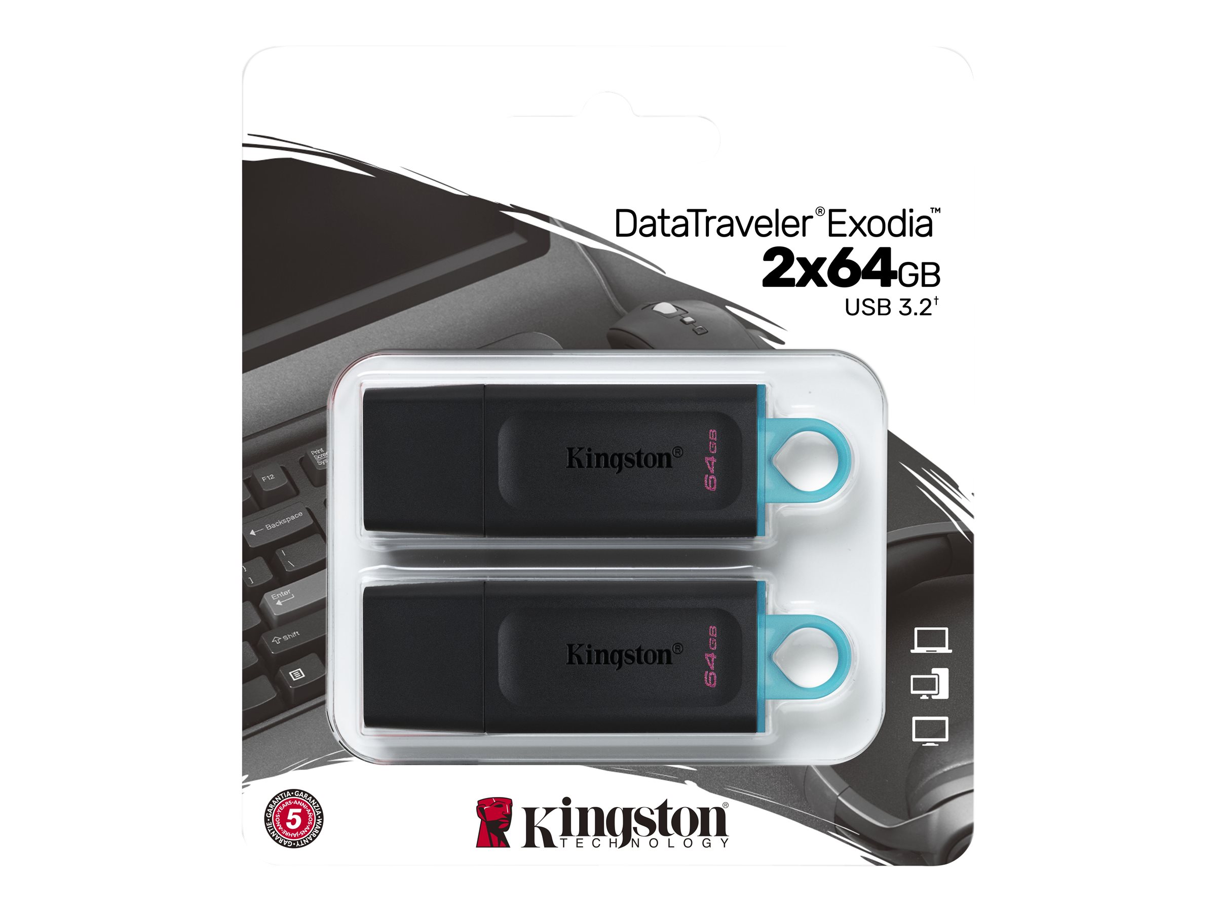 Kingston DataTraveler Exodia USB-Stick 64 GB USB 3.2 Gen 1 2er-Pack Schwarz, Türkis
