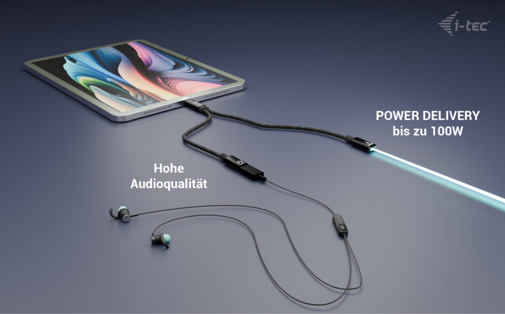 i-tec USB-C Kabel-Splitter Audio/Daten + Power Delivery 100 W, 30 cm, Schwarz