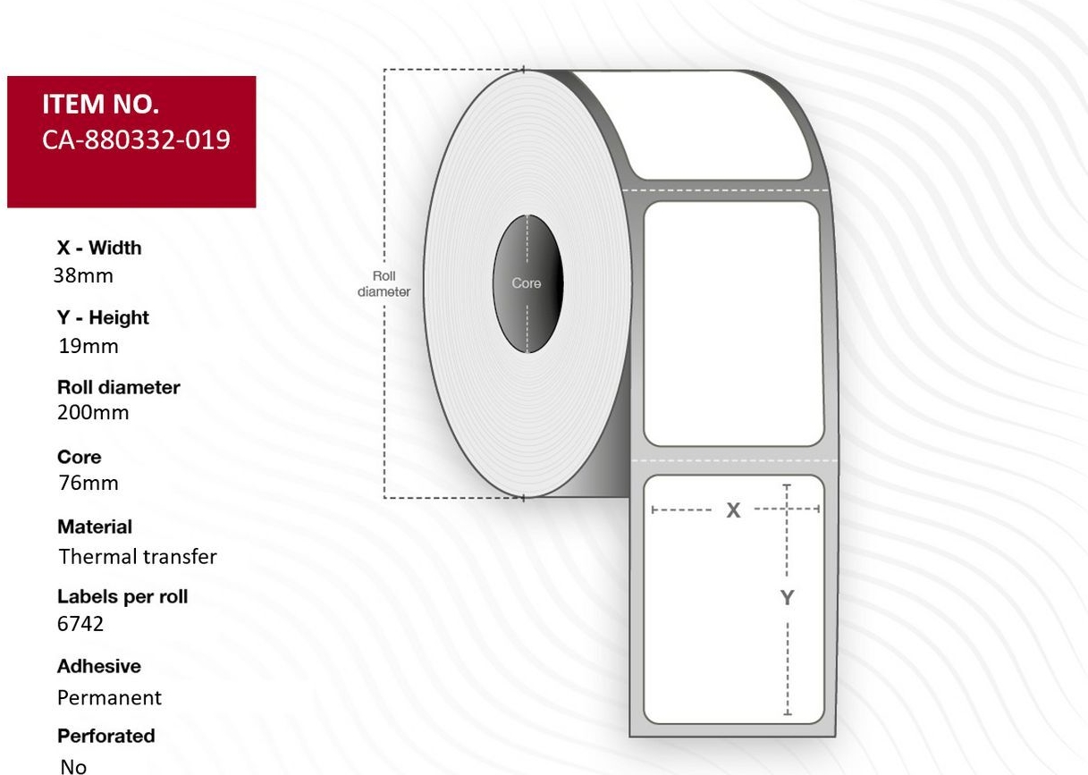 Capture Label 38 x 19mm, Core 76mm, Permanent, No perforation, 6742 labels per roll, 10 rolls per box (CA-880332-019)