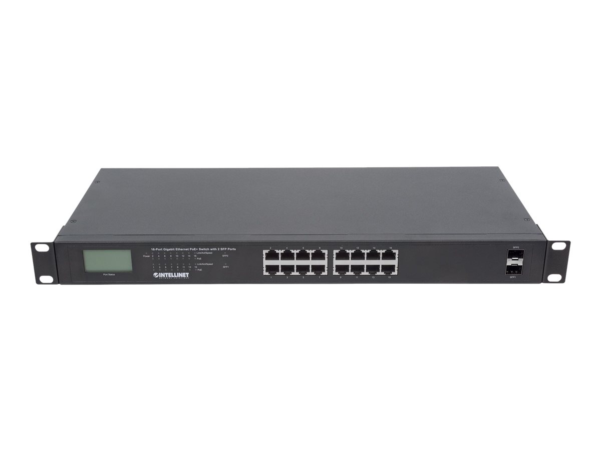 Intellinet 16-Port Gigabit Ethernet PoE+ Switch mit 2 SFP Ports LCD Display Schwarz
