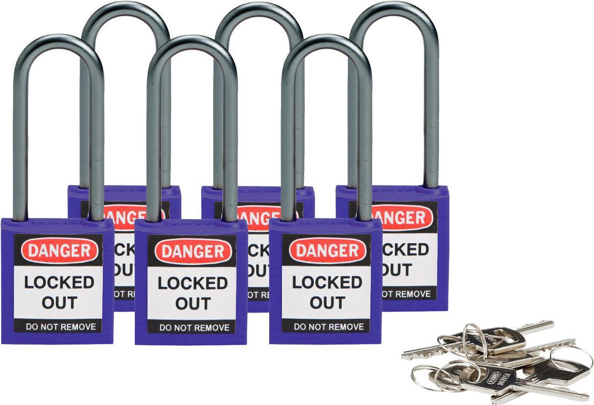 Brady, kompaktes Sicherheitsschloss Nylon, Violett, 50mm Bügelhöhe, 4,7mm Aluminium-Schließbügel (Keyed Different) (6er Pack) (814141)