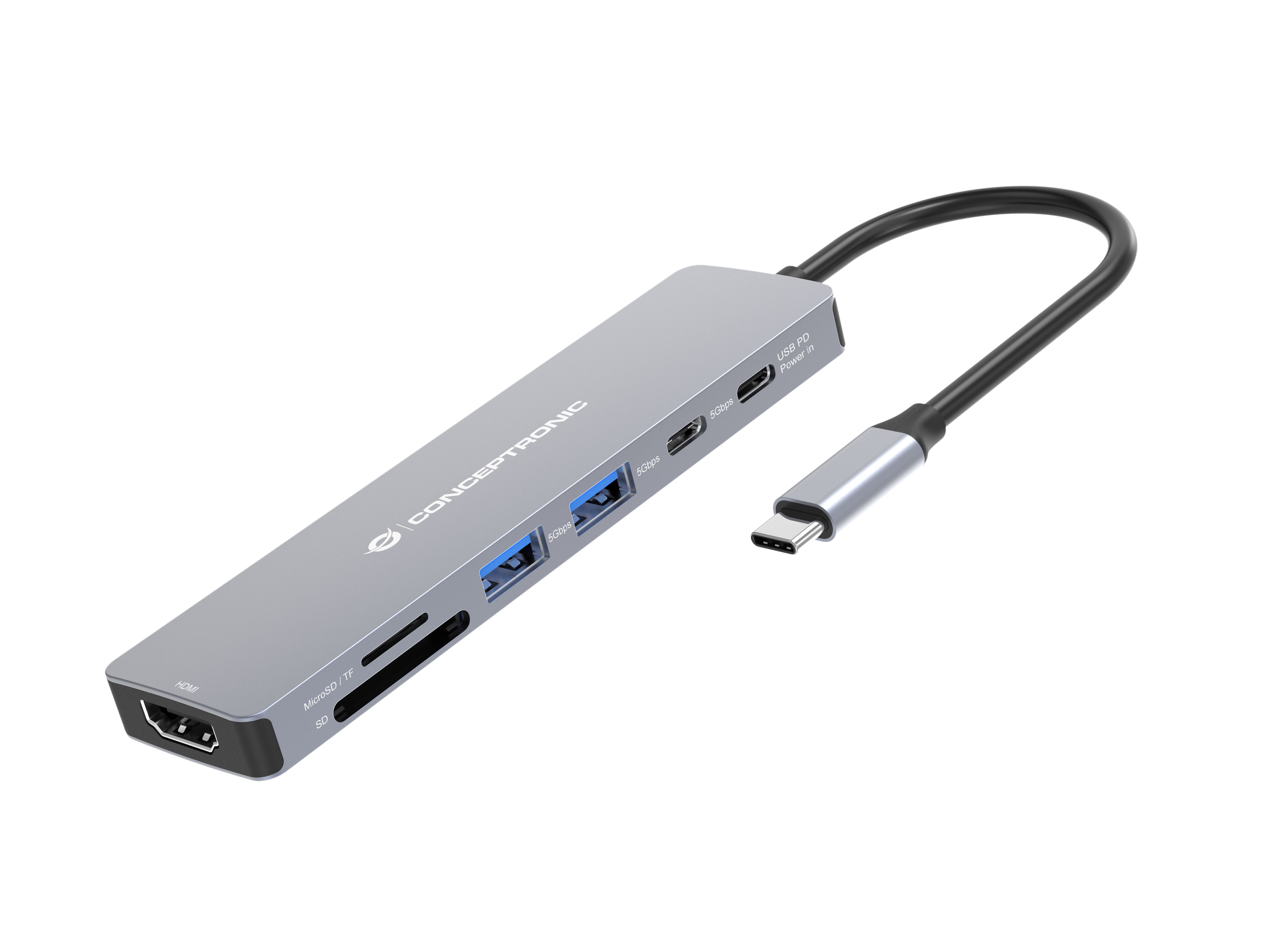 Conceptronic DONN28G 7-in-1 USB 3.2 Gen 1 Dockingstation, 4K60Hz HDMI, 100W USB PD, Grau