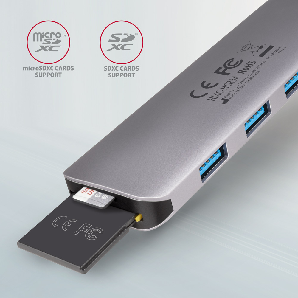 AXAGON USB-C-Hub HMC-HCR3A, 3x USB-A, HDMI, SD/microSD, USB-C 3.2 Gen 1, 20 cm Kabel, Grau