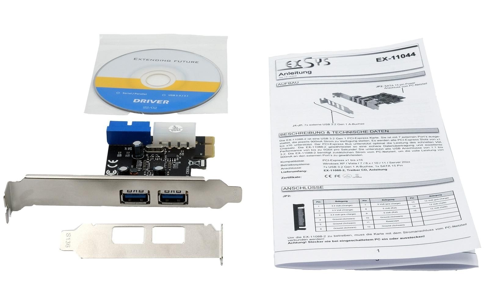 Exsys EX-11049 PCIe USB 3.2 Gen 1 Schnittstellenkarte 2+2 Ports Schwarz/Silber