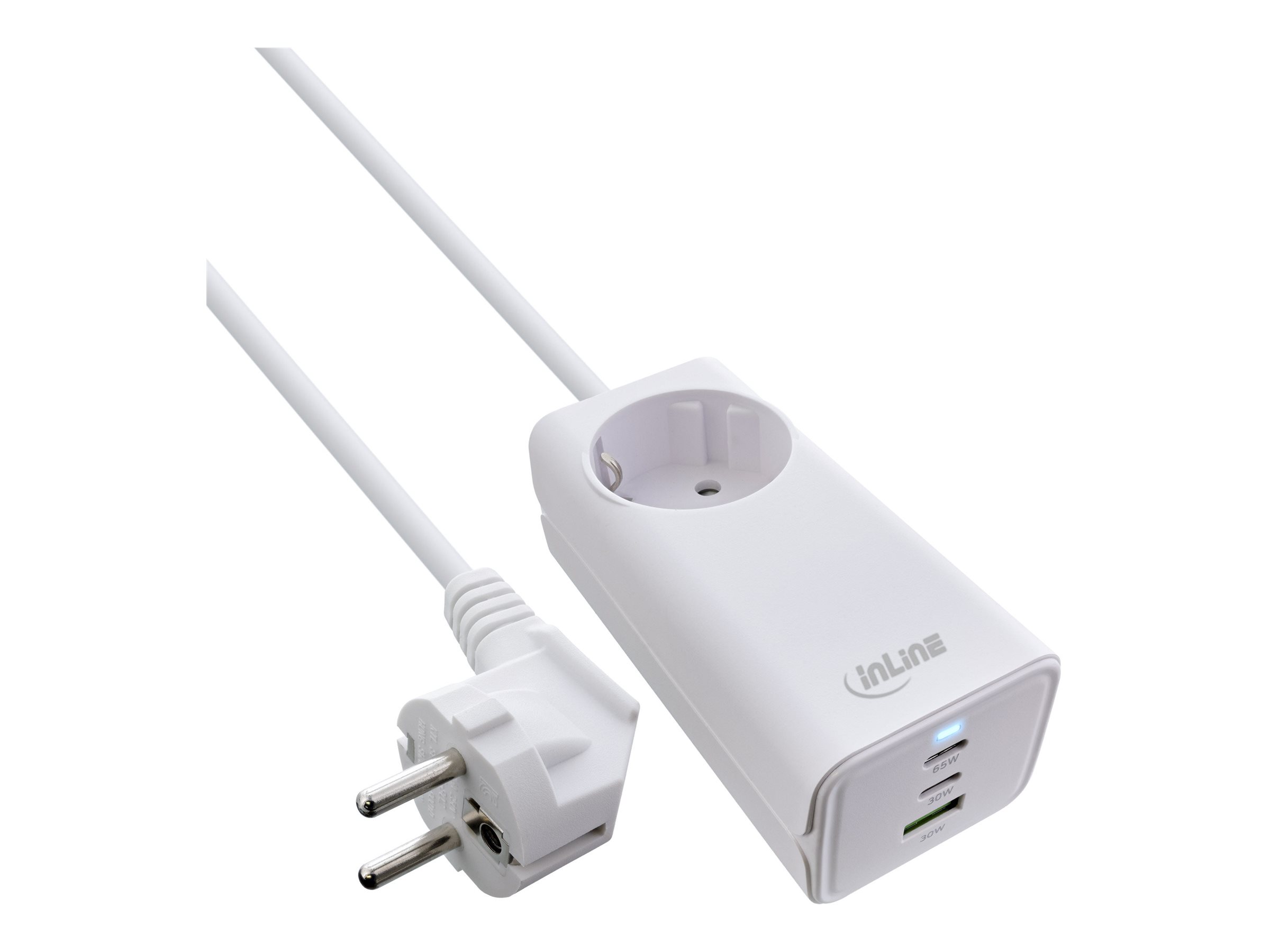 InLine GaN Ladegerät 65W 2x USB-C 1x USB-A mit Schutzkontaktbuchse Weiß